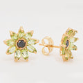 Floral Peridot and Black Diamond Pushback Earrings In 18k Yellow Gold