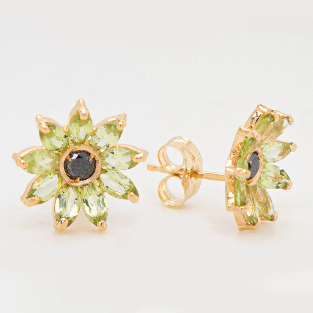 Floral Peridot and Black Diamond Pushback Earrings In 18k Yellow Gold