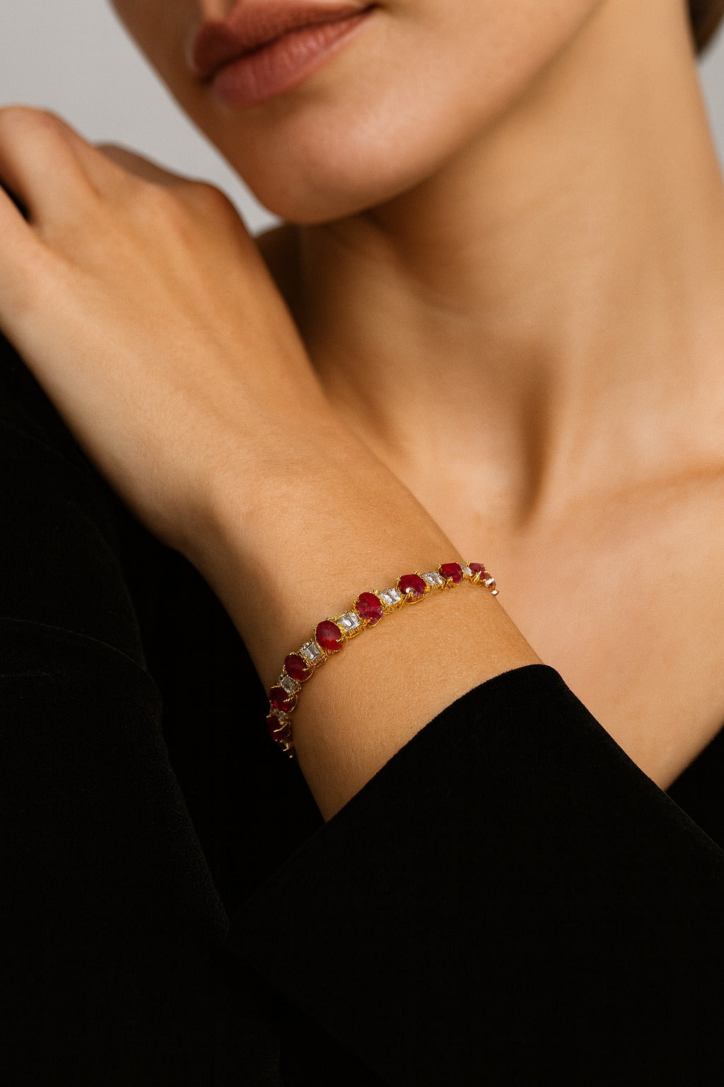 Ruby & Diamond Tennis Bracelet in 18K Yellow Gold