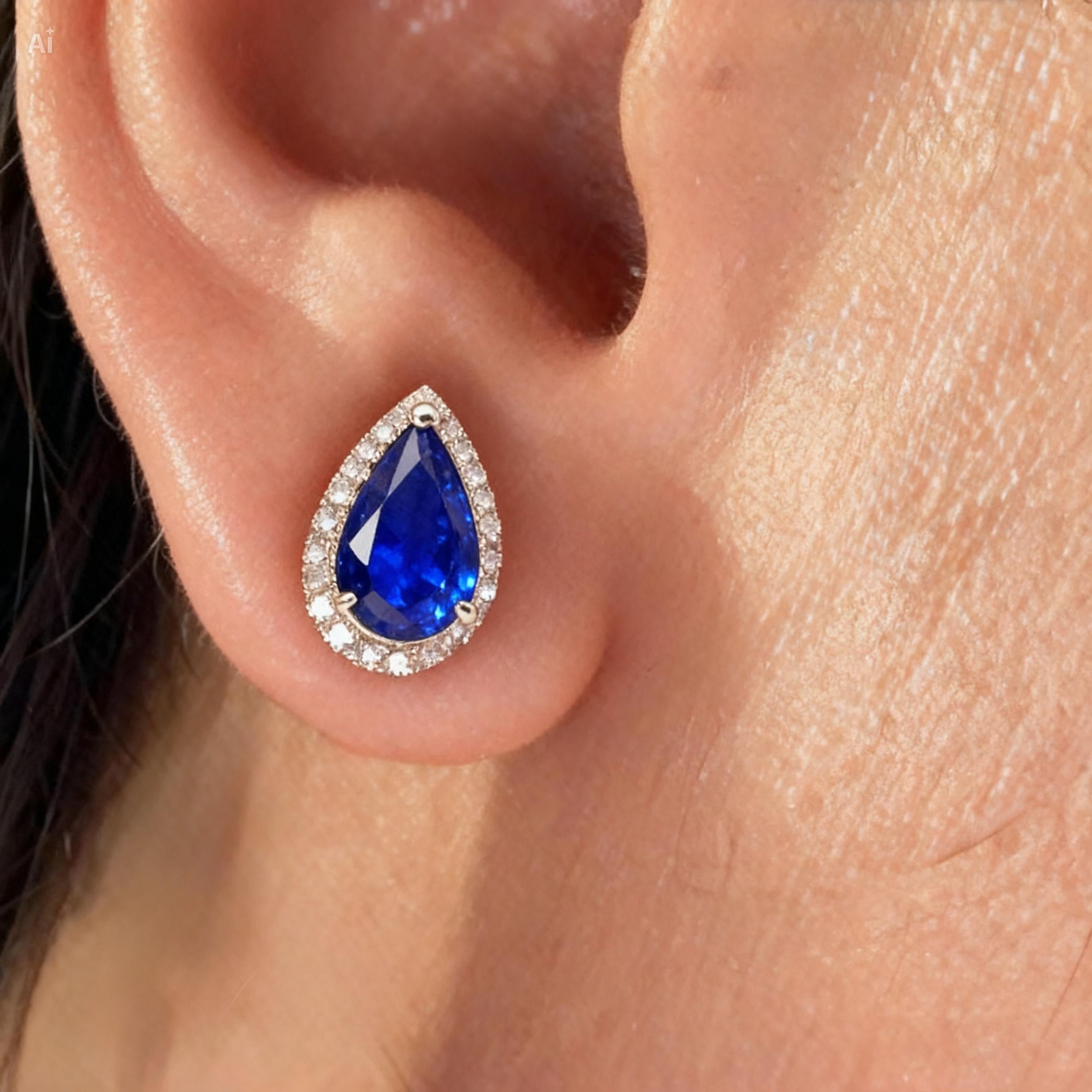 Pear Sapphire & Diamond Halo Stud Earrings in 18K White Gold