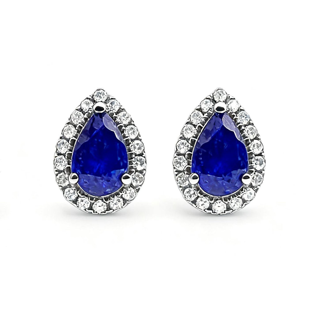 Pear Sapphire & Diamond Halo Stud Earrings in 18K White Gold