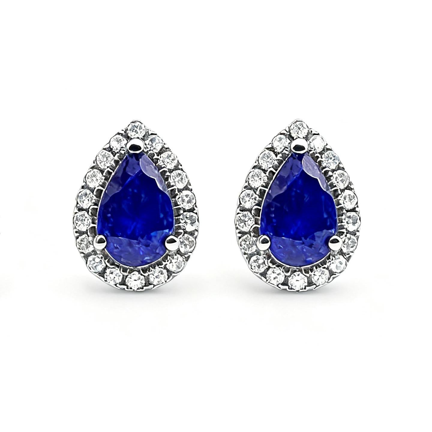 Pear Sapphire & Diamond Halo Stud Earrings in 18K White Gold