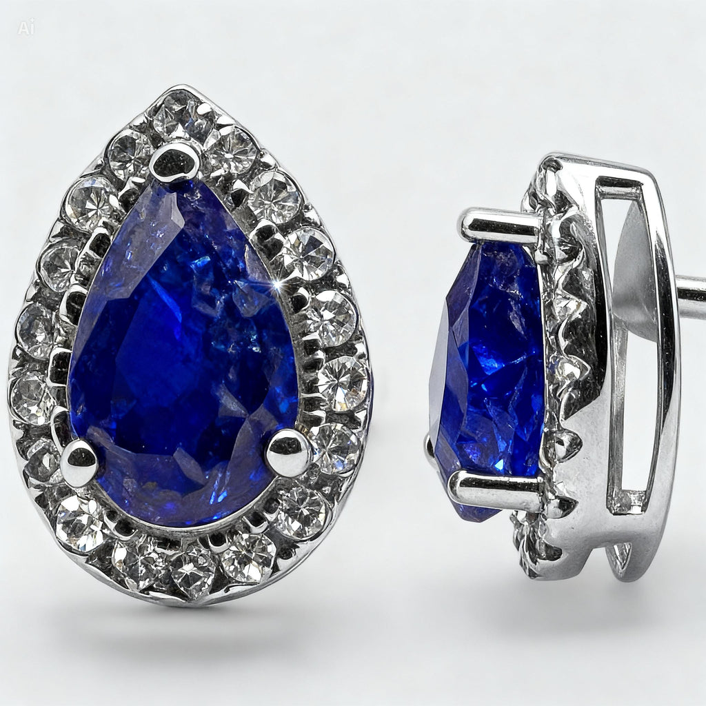 Pear Sapphire & Diamond Halo Stud Earrings in 18K White Gold