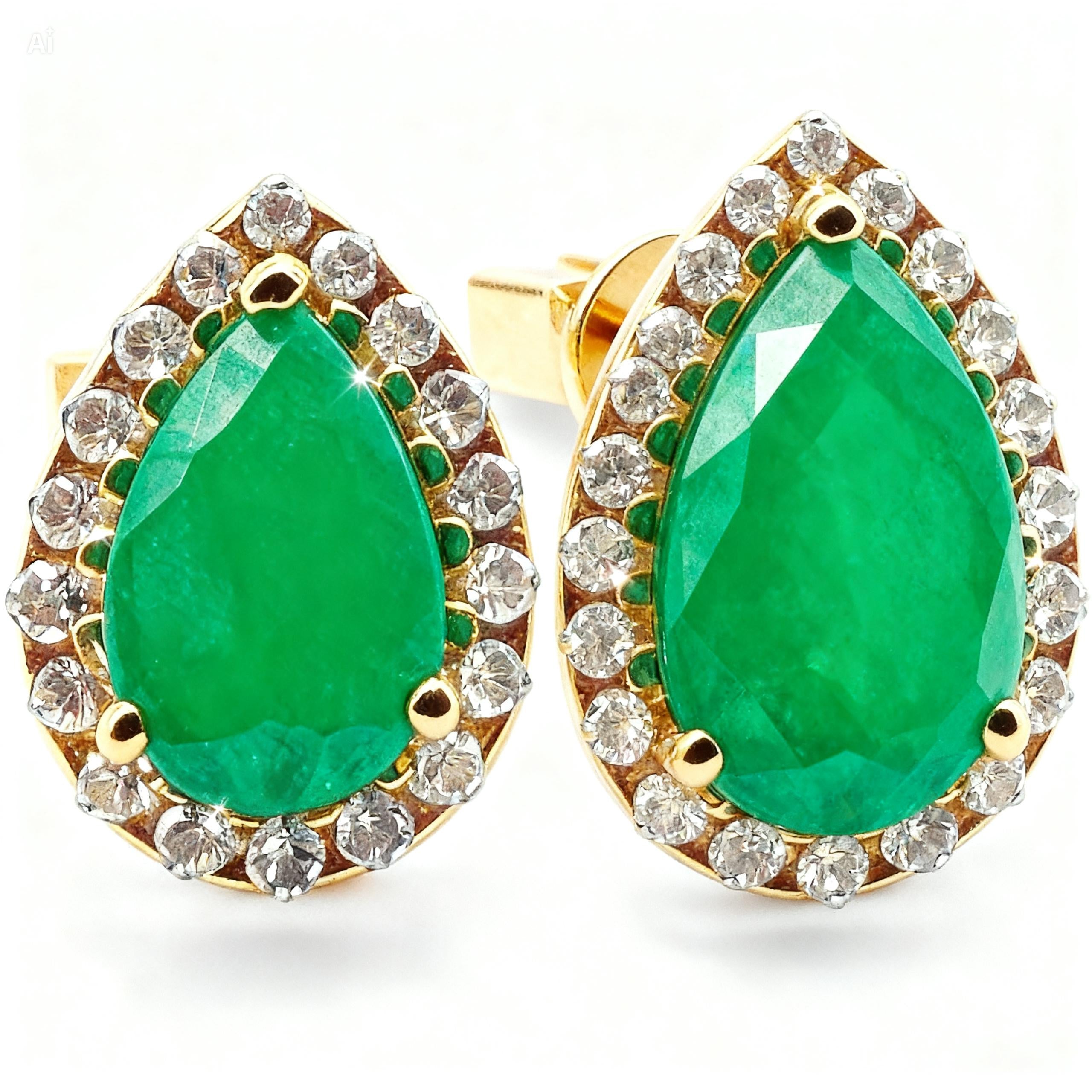 Pear Emerald & Diamond Halo Stud Earrings in 18K Yellow Gold