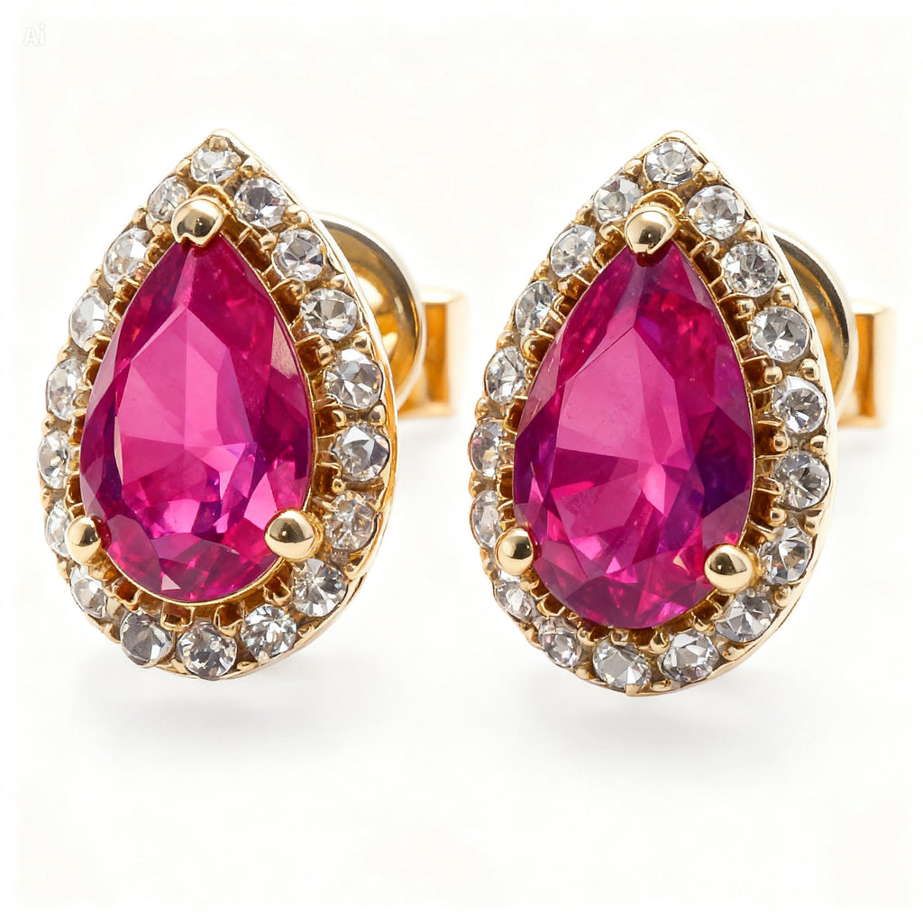 Pear Ruby & Diamond Stud Earrings in 18K Yellow Gold