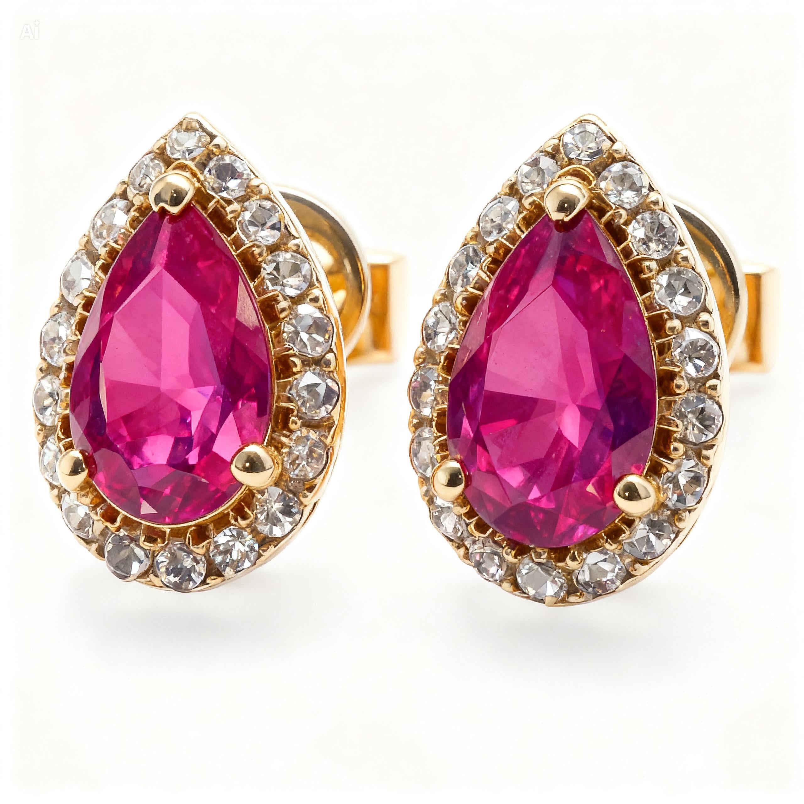 Pear Ruby & Diamond Stud Earrings in 18K Yellow Gold